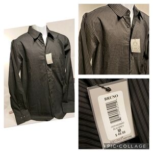 Bruno New York Men’s Stripe Button Up NWT Shirt M Grey Black
